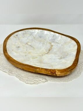 Pier 1 Mother Of Pearl Teak Wood Trinket Dish Decorative Bowl Beachy Bohemian